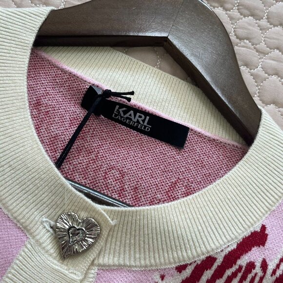 $399 NWT Karl Lagerfeld Women Pink Logo Cardigan Sweater Jacket Rhinestone Heart - Picture 9 of 14